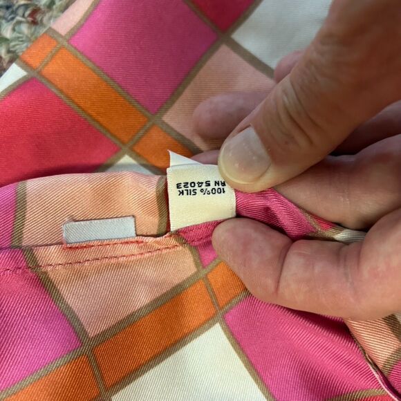 Banana Republic Pink Orange Ivory Check Print Silk SS Wrap Blouse Size S Petite - Picture 7 of 15